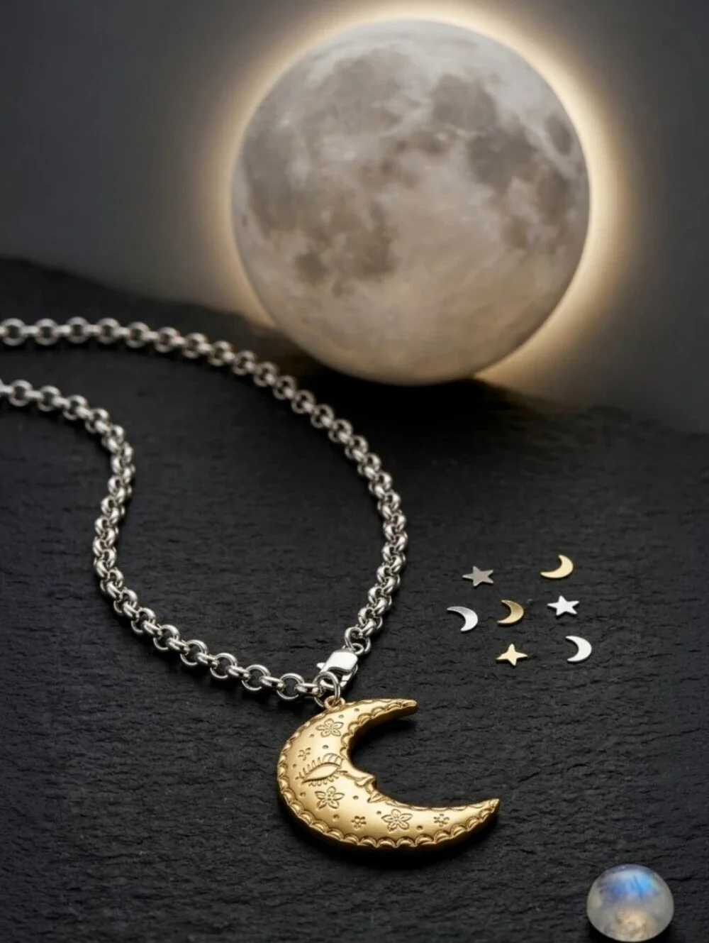 Crescent Moon Pendant Necklace 18K Gold Silver SS Two-Tone Celestial Witchy 18